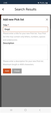 Name a new My Picks list screenshot